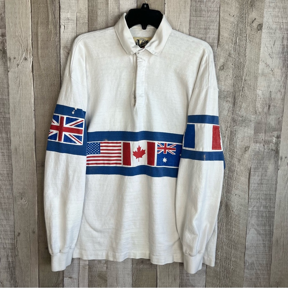 Vtg Dehen Rugby Shirt Mens Large Long Sleeve Four Winns Boating Flags Made USA